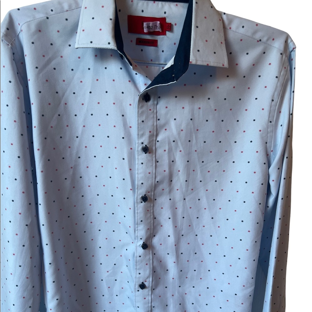 3 items for $15. Modern fit blue with amazing dots for color. Just dry cleaned